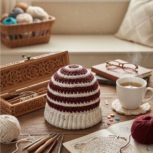 Striped Knit Beanie - Maroon and White